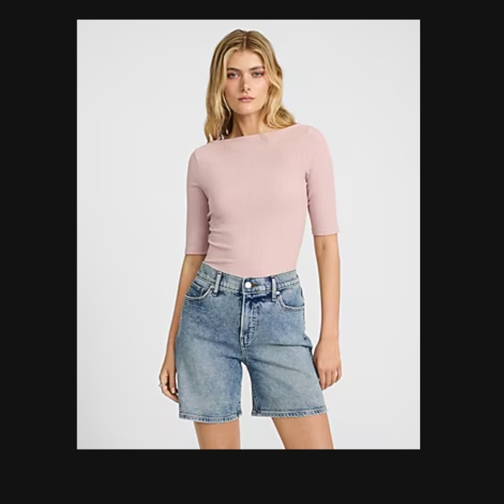 Express Light Pink Ribbed Short Sleeve Top